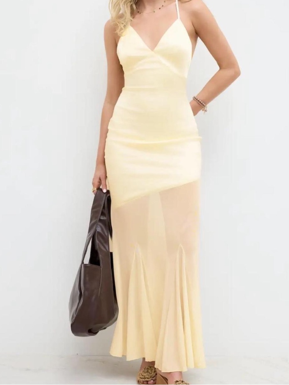 Cider Pale Yellow Sheer-Panel Spaghetti Strap Maxi Dress